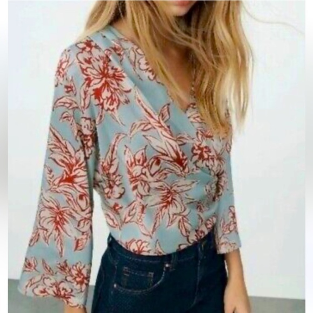 Zara Light Blue Floral Blouse with Rust Red Print